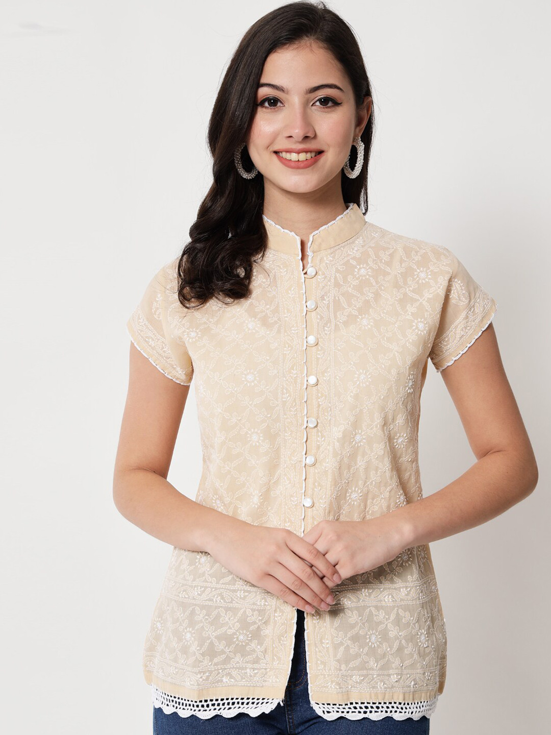 

PARAMOUNT CHIKAN Beige & White Ethnic Motifs Embroidered Chikankari Pure Cotton Kurti