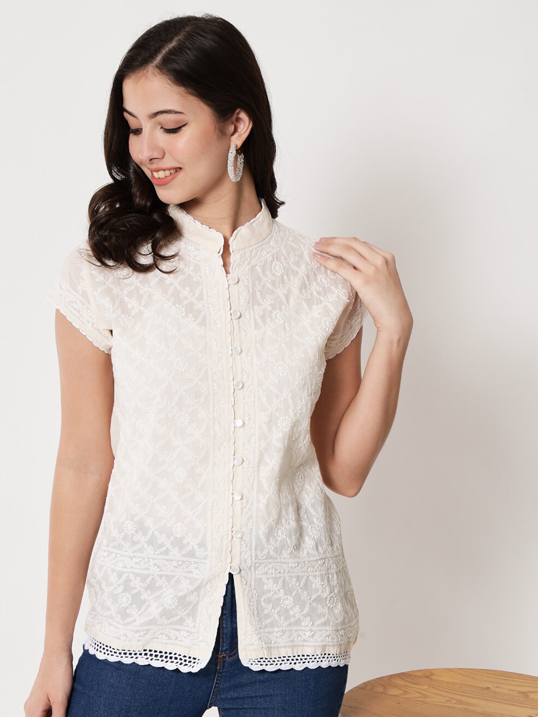 

PARAMOUNT CHIKAN Beige Embroidered Chikankari Mandarin Collar Cotton Top
