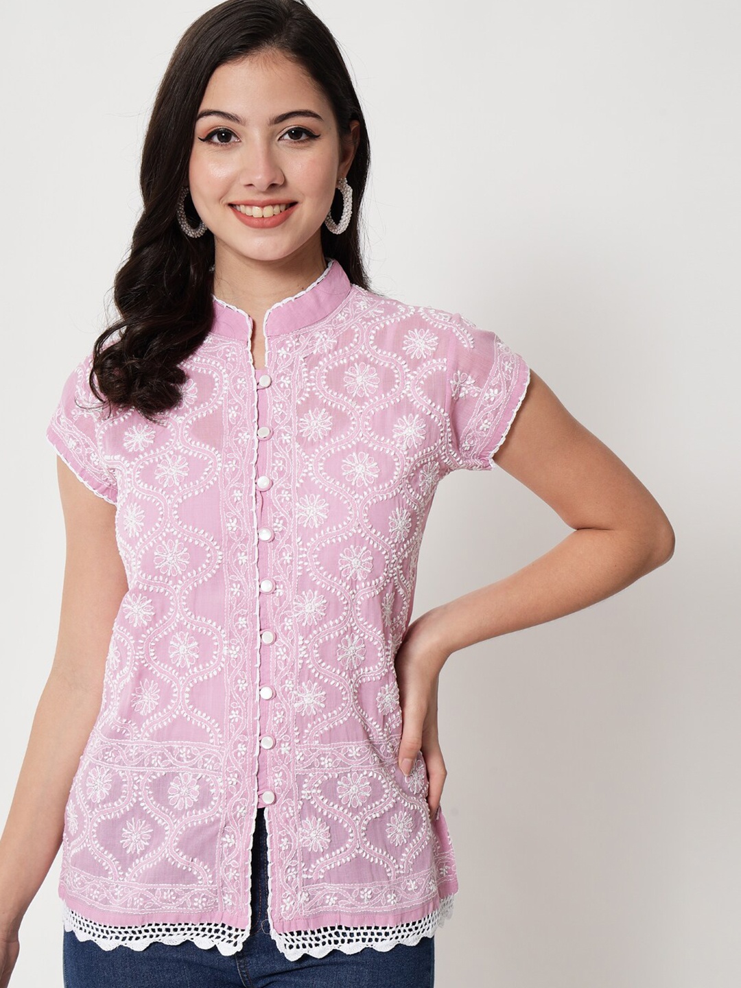 

PARAMOUNT CHIKAN Pink Hand Embroidered Chikankari Cotton Mandarin Collar Top