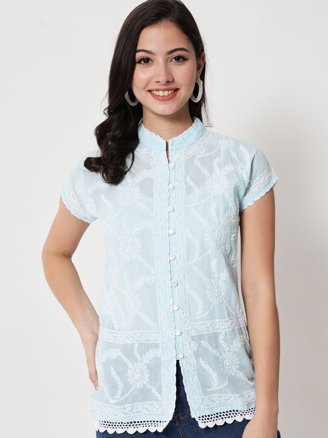 

PARAMOUNT CHIKAN Turquoise Blue & White Floral Embroidered Chikankari Top