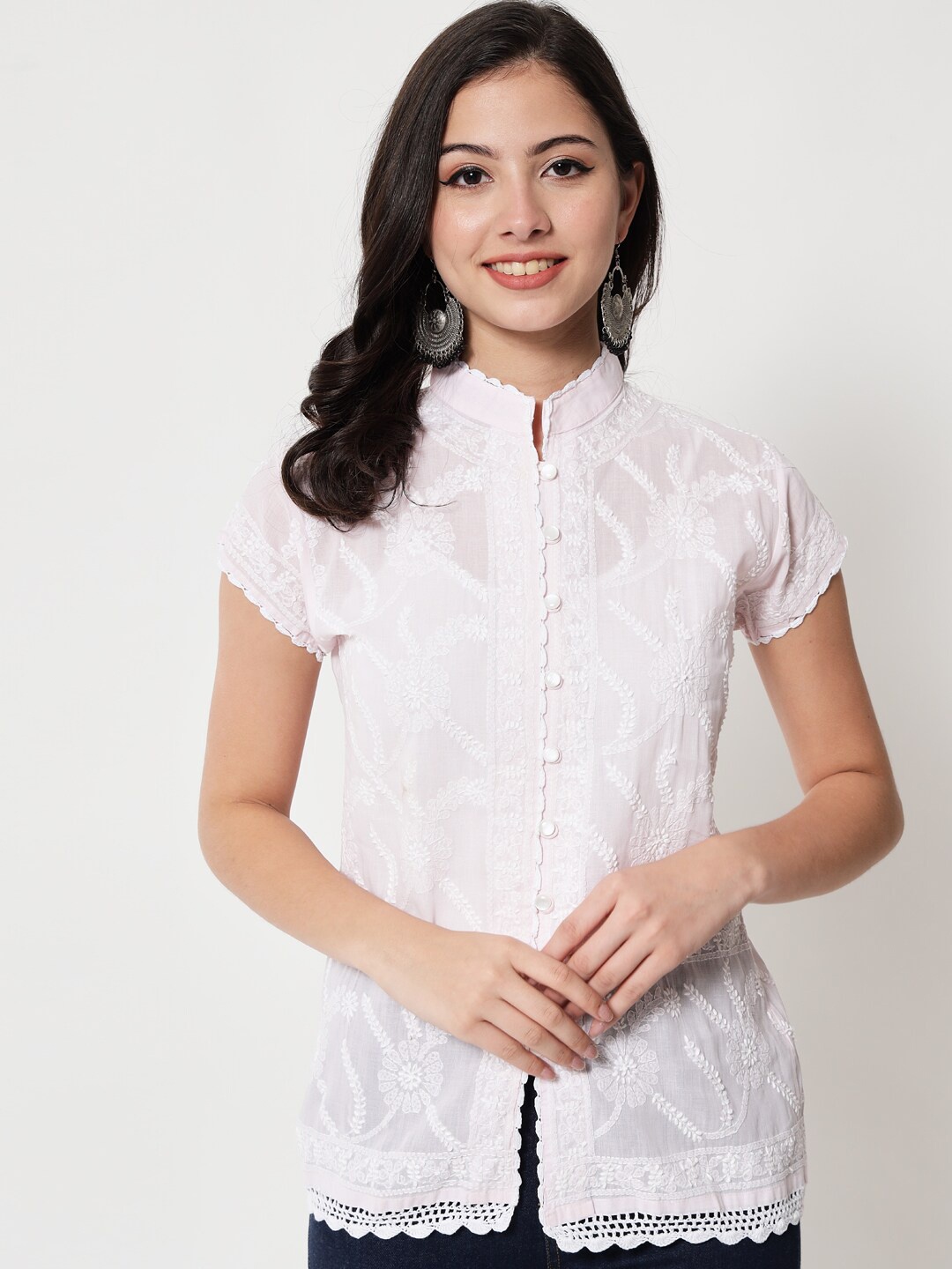 

PARAMOUNT CHIKAN Women Mandarin Collar Embroidered Chikankari Tunic, Pink