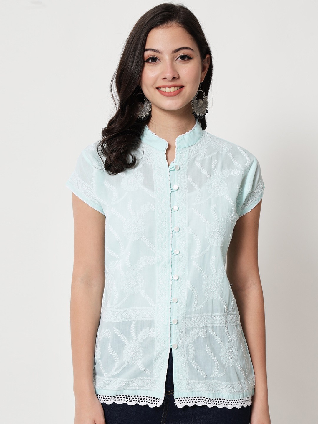 

PARAMOUNT CHIKAN Sea Green & White Embroidered Chikankari Pure Cotton Kurti