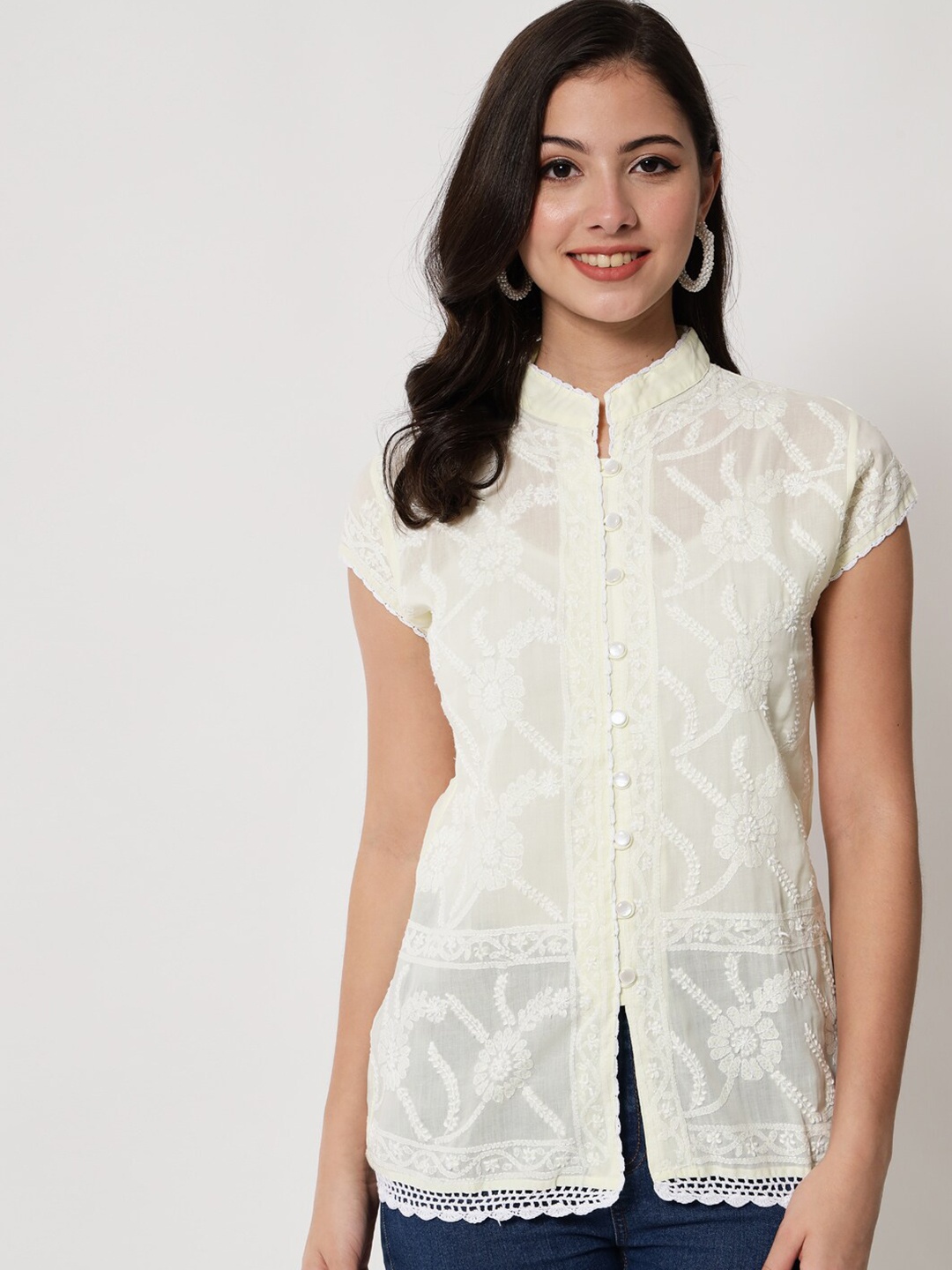 

PARAMOUNT CHIKAN Women Yellow Embroidered Pure-Cotton Chikankari Top, White