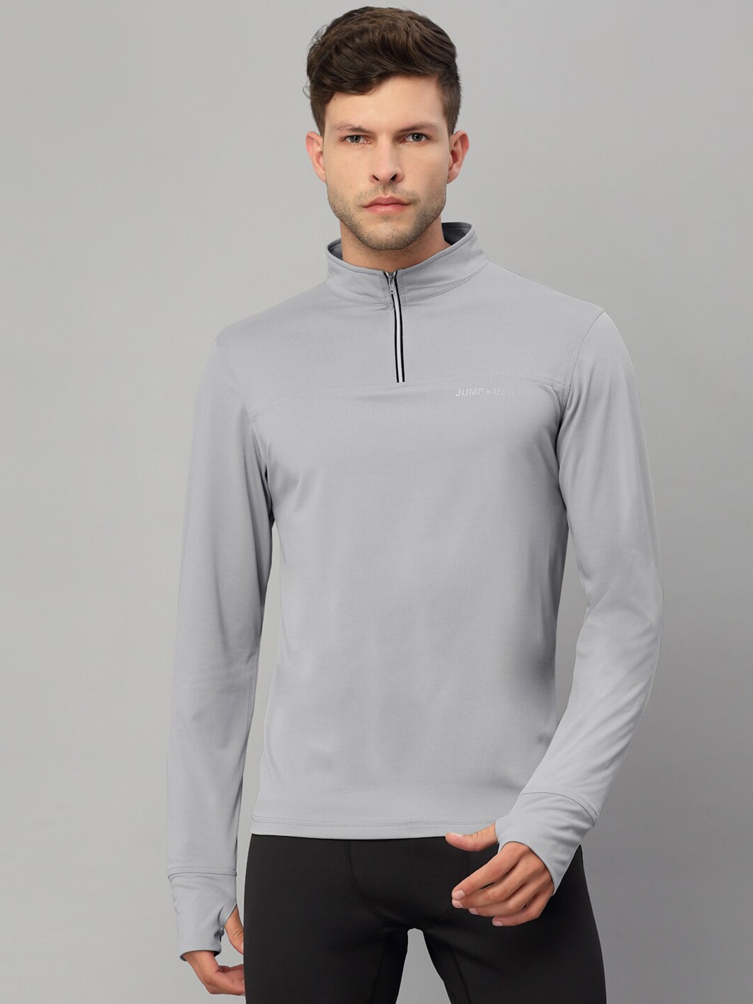 

JUMP USA Men Grey High Neck Rapid-Dry Solid T-shirt