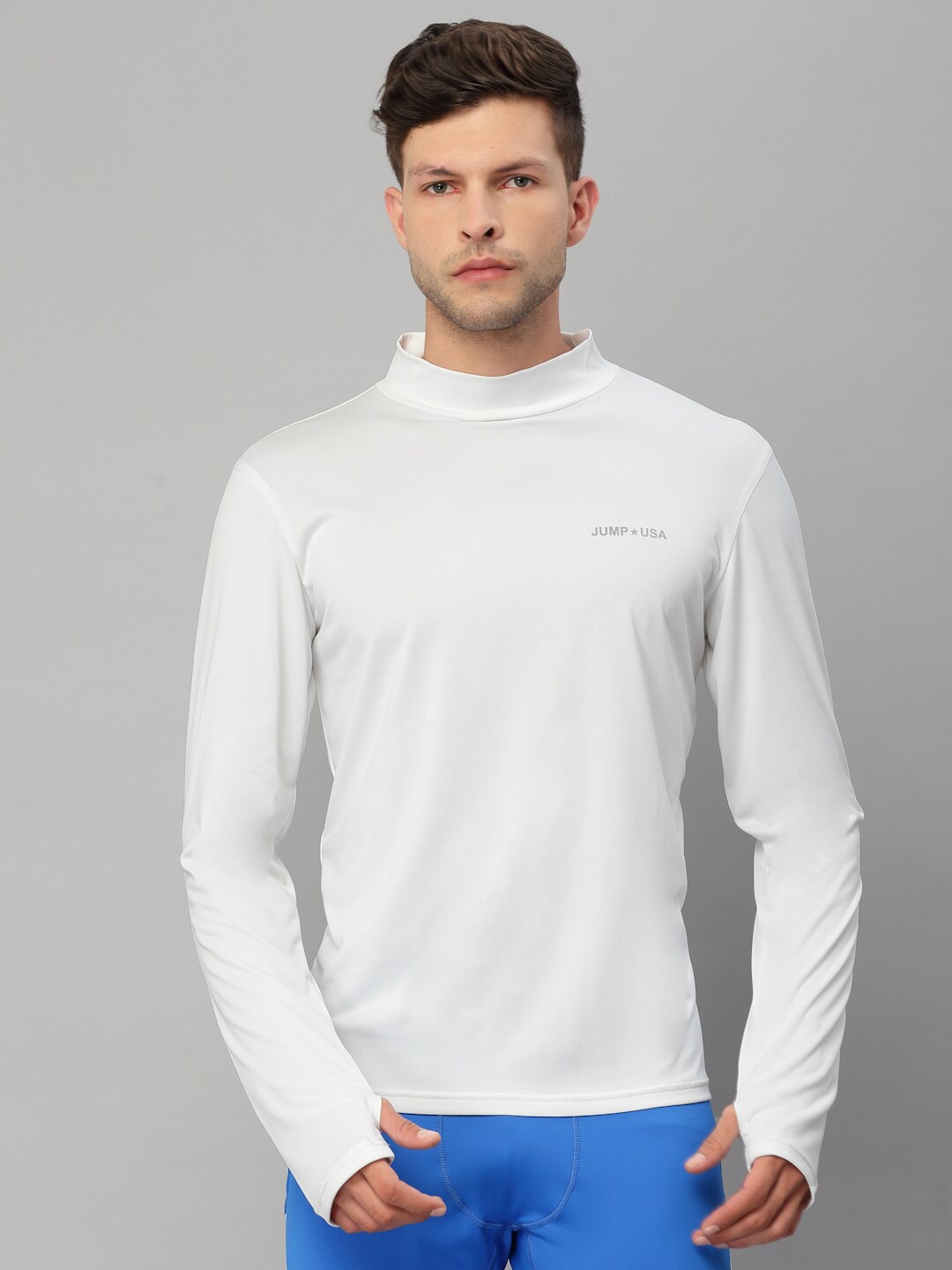 

JUMP USA Men White & Grey Brand Logo High Neck T-shirt