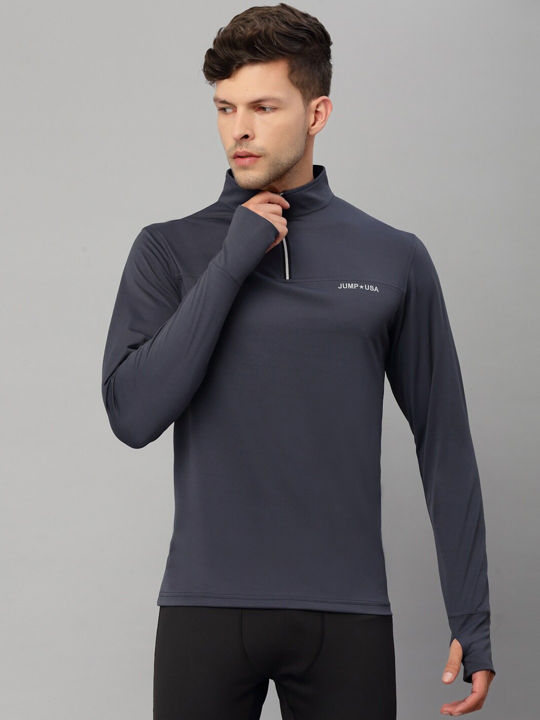 

JUMP USA Men Navy Blue & Grey Brand Logo High Neck T-shirt