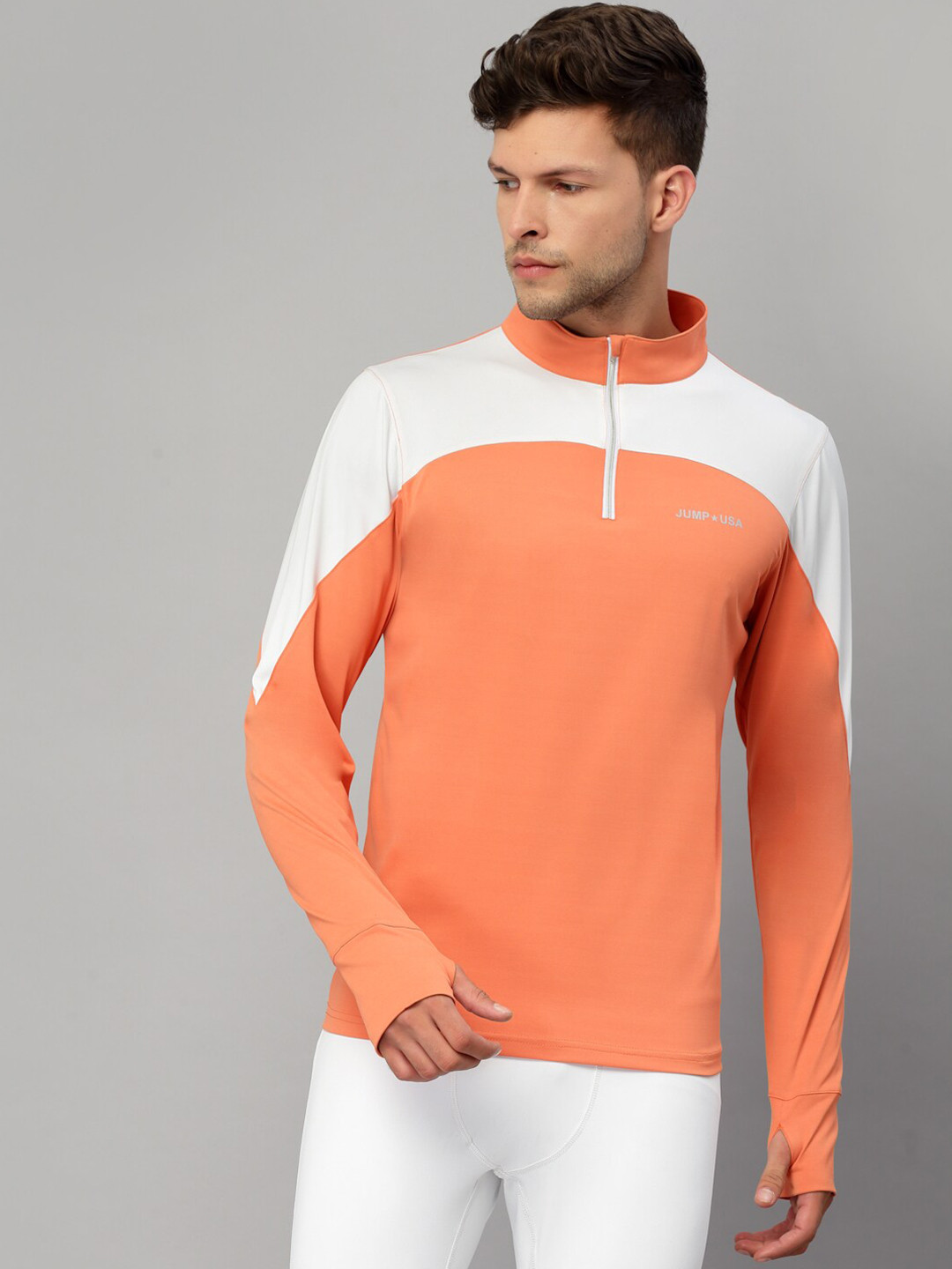 

JUMP USA Men Coral & White Brand Logo Colourblocked High Neck T-shirt