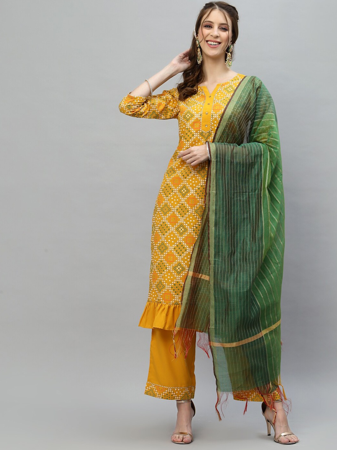 

SKYLEE Women Mustard Yellow Ethnic Motifs Printed Kurta with Trousers & With Dupatta