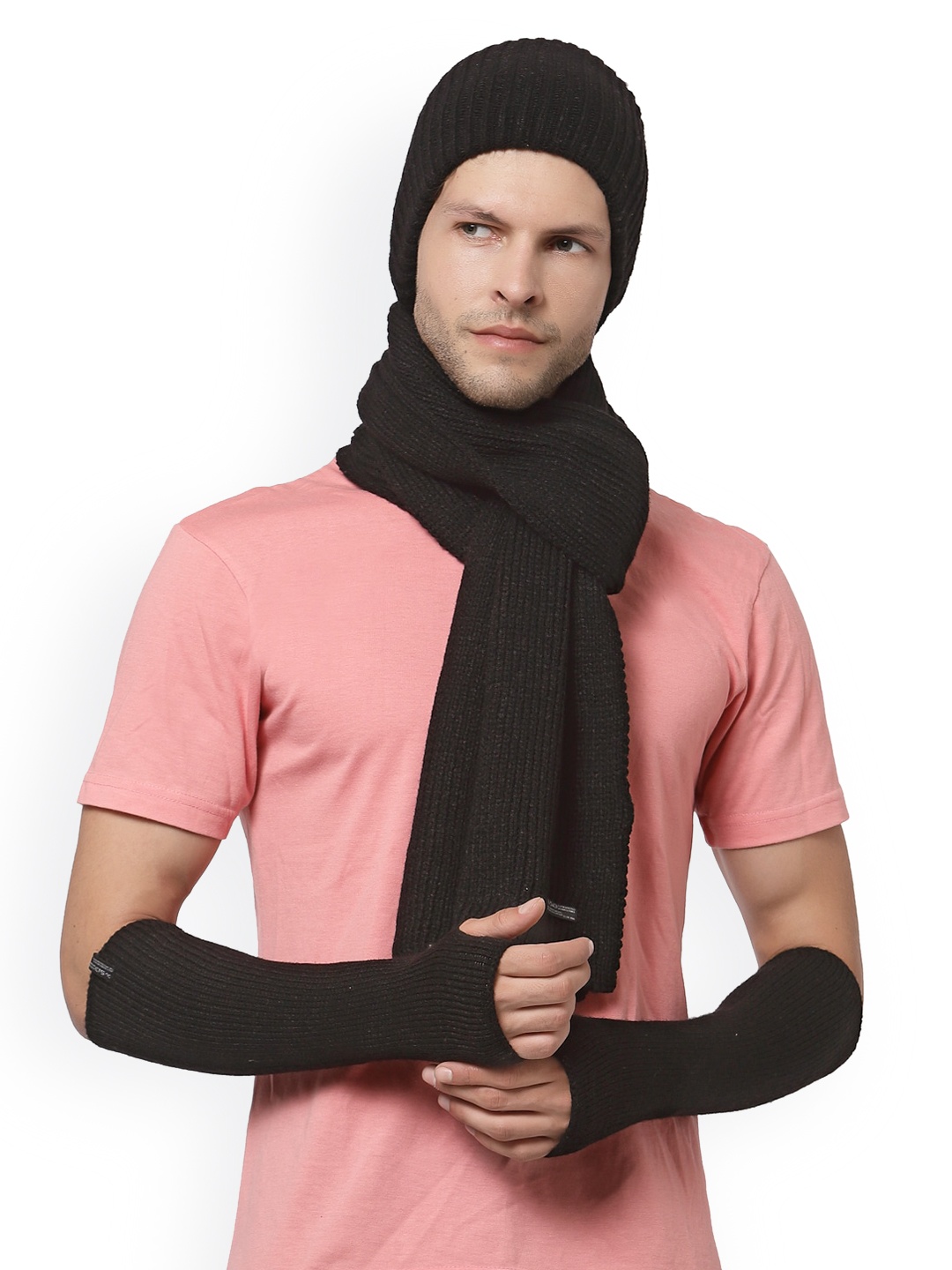 

513 Men Black Solid Mufflers With Cap And Arm Set