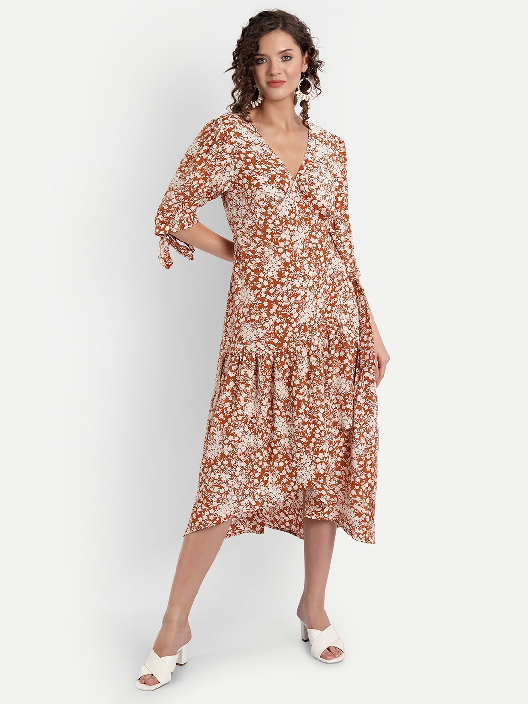 

MINGLAY Women Brown & Cream-Colored Floral A-Line Midi Dress