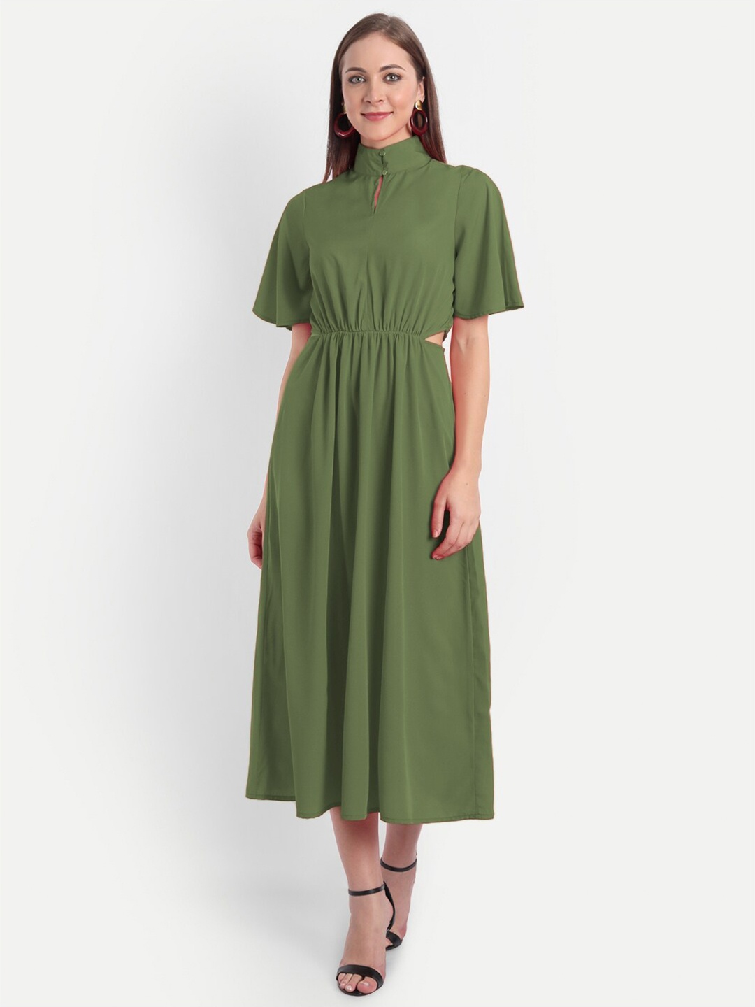 

MINGLAY Olive Green Organic Cotton Flared Crepe Midi Dress