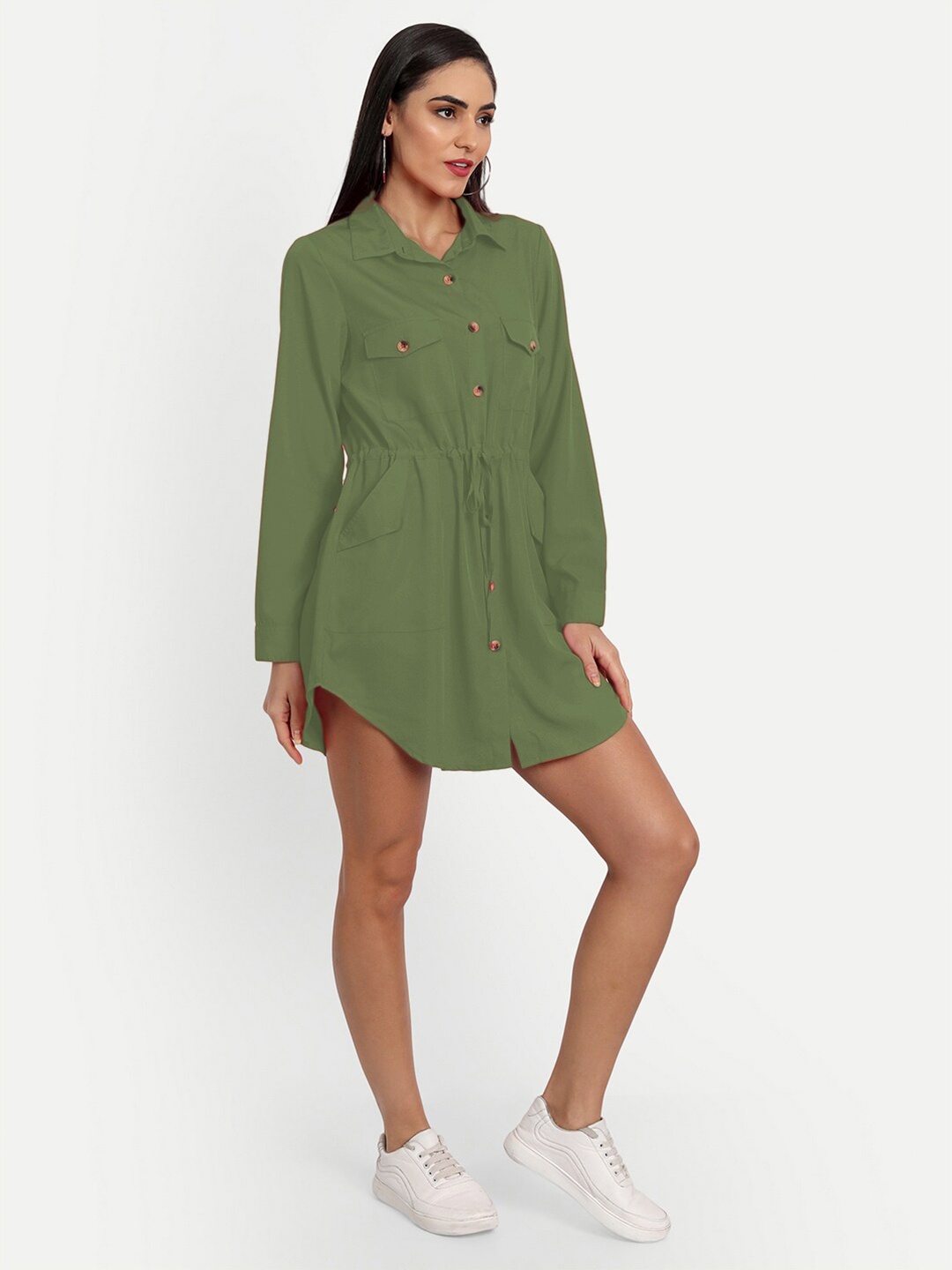 

MINGLAY Olive Green Organic Cotton Crepe A-Line Dress