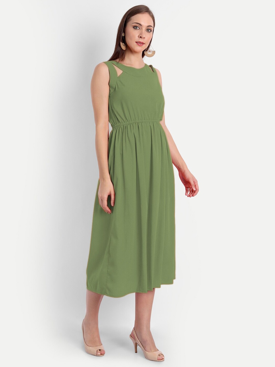 

MINGLAY Olive Green Organic Cotton Crepe A-Line Midi Dress