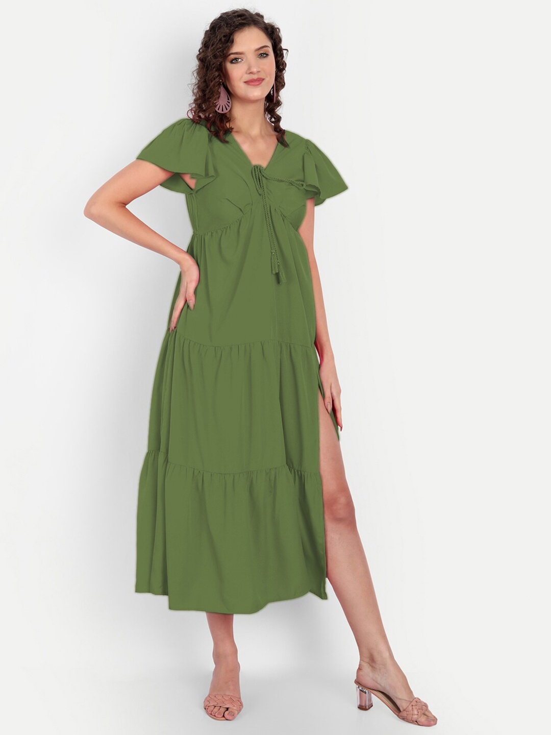 

MINGLAY Olive Green Organic Cotton Crepe A-Line Midi Dress