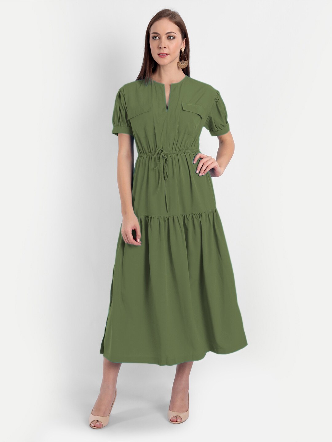 

MINGLAY Olive Green Organic Cotton Crepe Midi Dress
