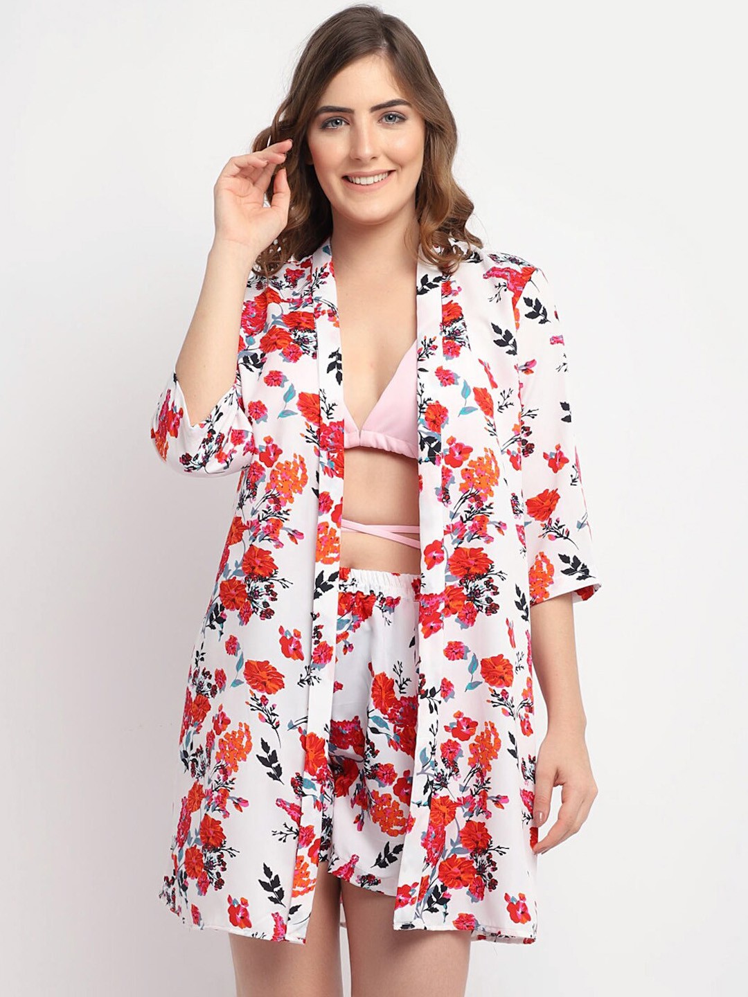 

EROTISSCH Women White & Red Printed Swimwear Cover Up Set