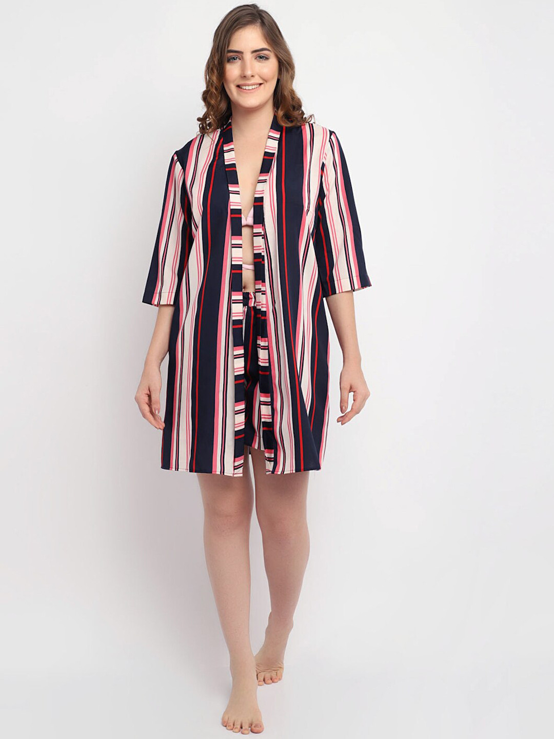 

EROTISSCH Women Navy Blue & Pink Striped Cover-Up Shirt