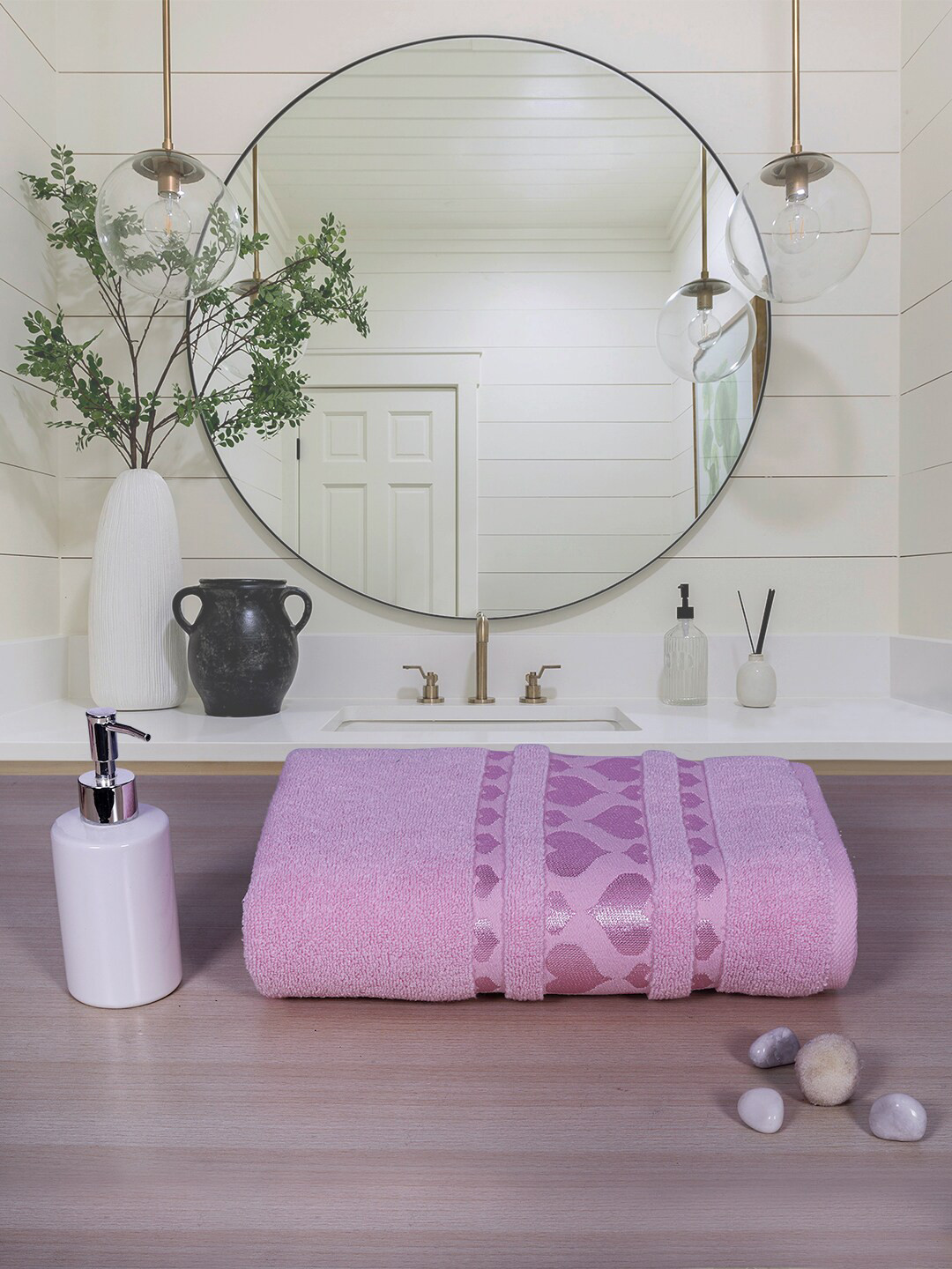 

RANGOLI Pink Self Design Cotton 550 GSM Bath Towels