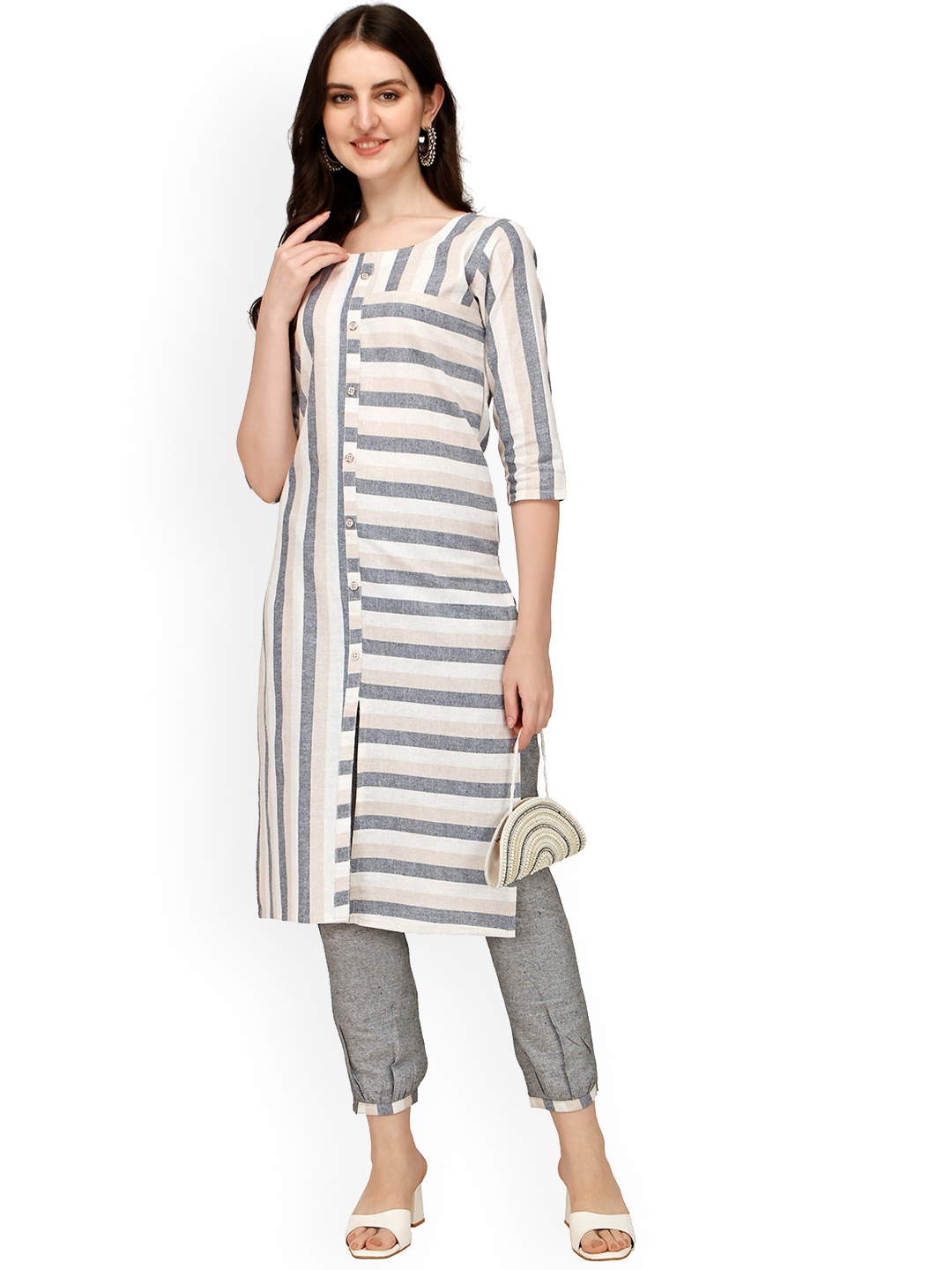 

Sarvayog Fashion Women Grey Striped Panelled Kurti with Trousers & With Dupatta