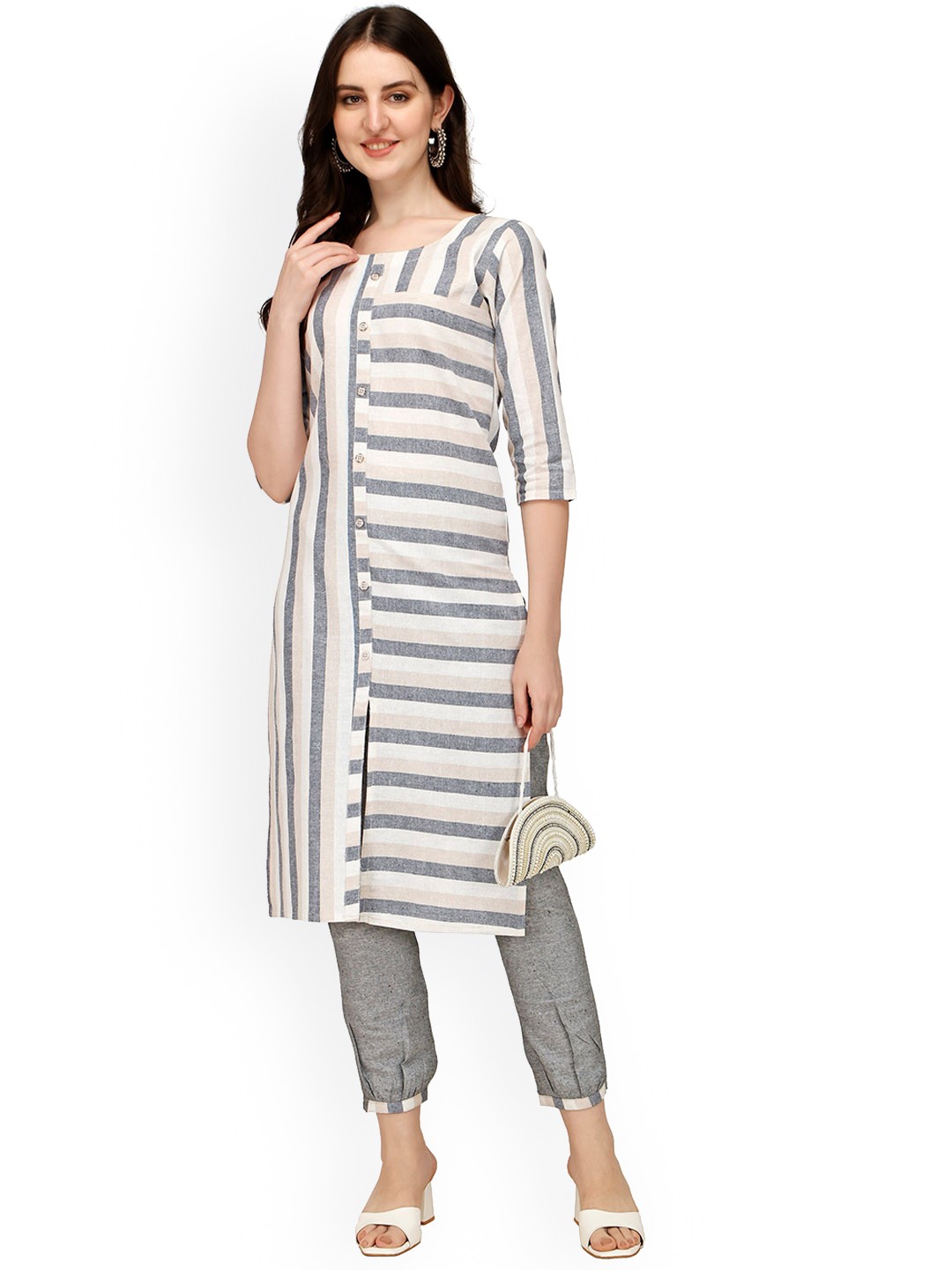 

Sarvayog Fashion Women Grey Striped Panelled Kurta with Trousers