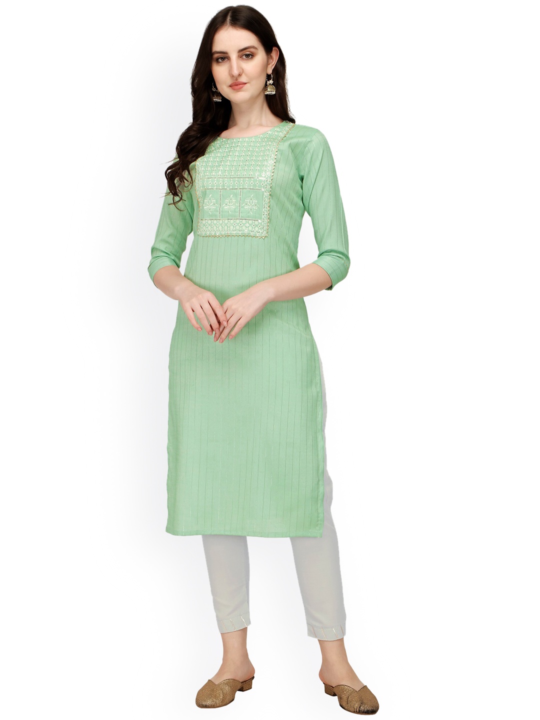 

Sarvayog Fashion Women Green Ethnic Motifs Yoke Design Linen Kurti with Trousers
