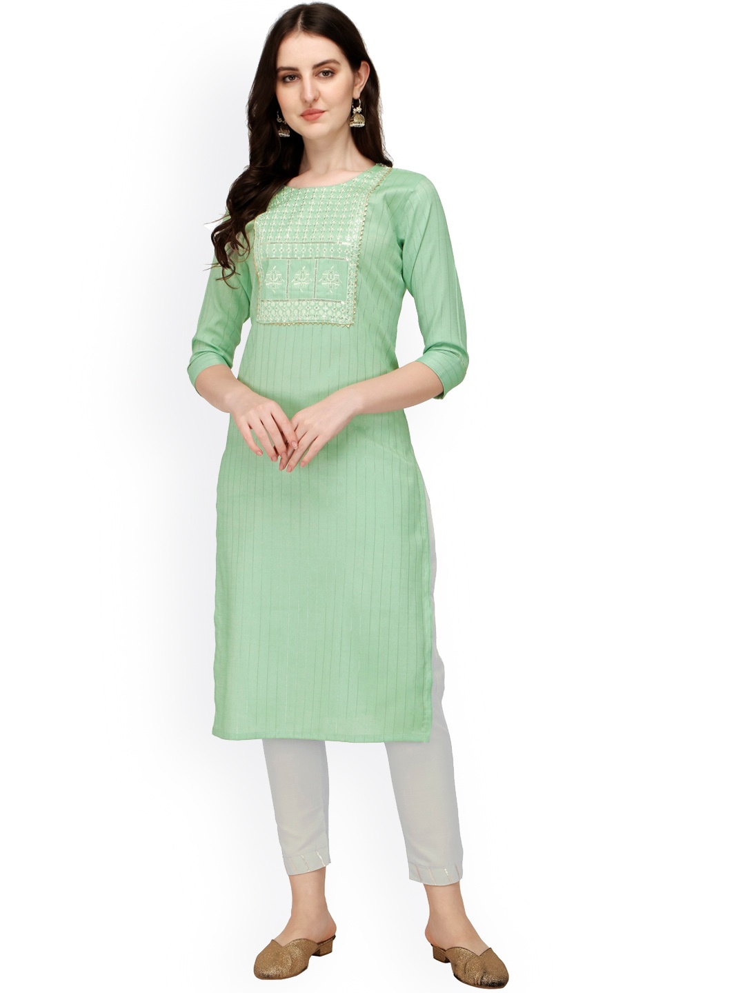 

Sarvayog Fashion Women Green Ethnic Motifs Yoke Design Linen Kurta with Trousers