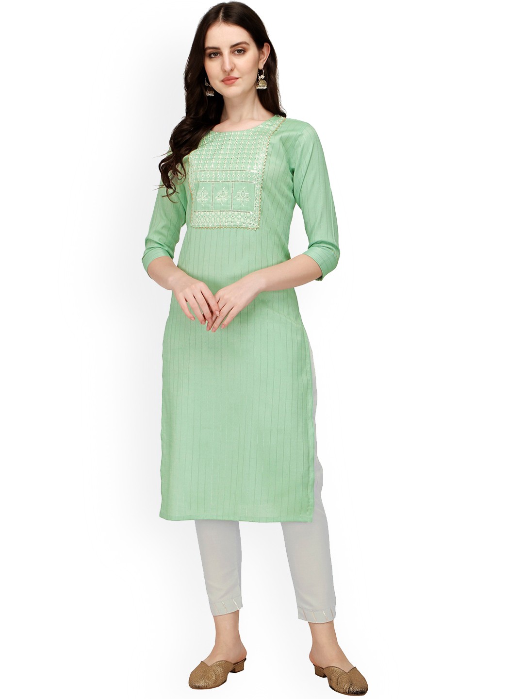 

Sarvayog Fashion Women Green Ethnic Motifs Yoke Design Linen Kurti with Trousers