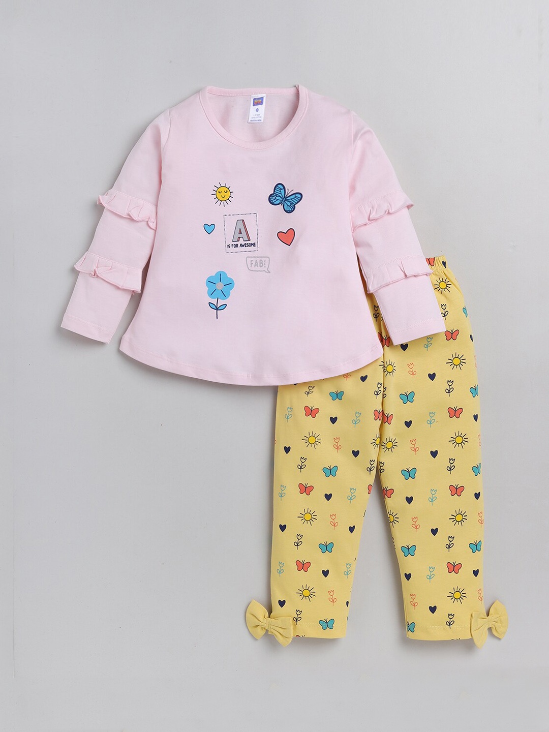 

Nottie Planet Girls Pink & Yellow pure cotton Top with Pyjamas