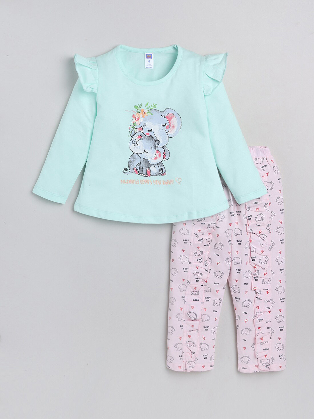

Nottie Planet Girls Green & Pink Printed Pure Cotton Top with Trousers