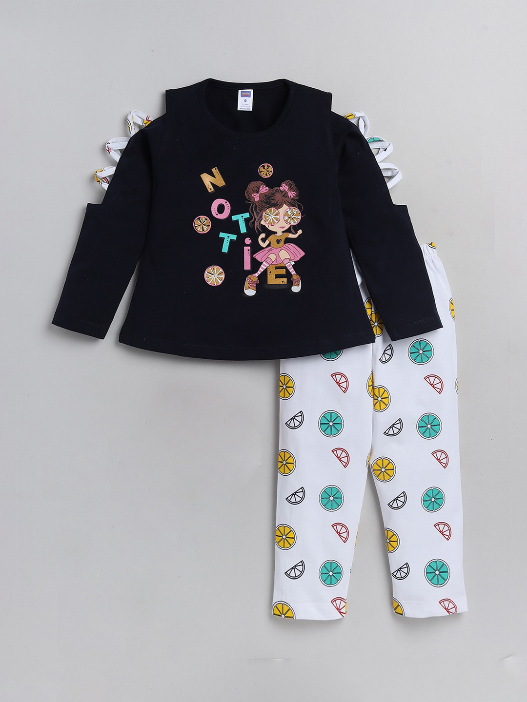 

Nottie Planet Girls Navy Blue & White Printed Pure Cotton Top with Trouser