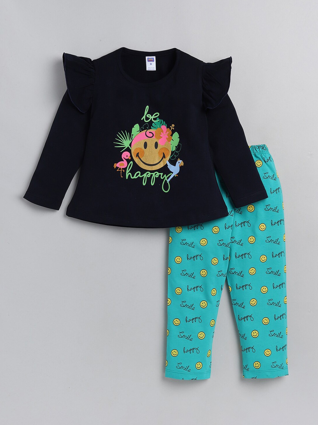 

Nottie Planet Girls Navy Blue & Yellow Printed Cotton Top with Pyjamas