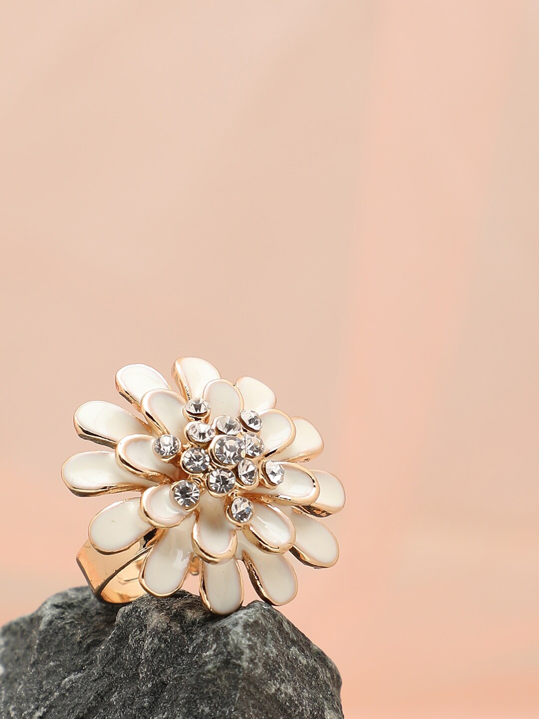 

SOHI Women Gold-Plated White Stone-Studded Adjustable Finger Ring