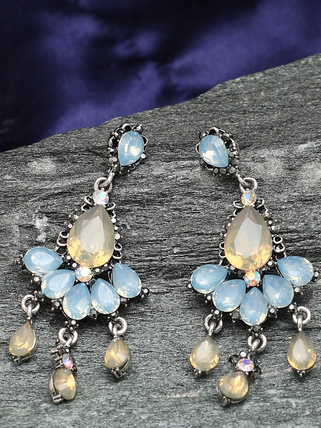 

SOHI Blue & Yellow Teardrop Shaped Silver-Plated Drop Earrings