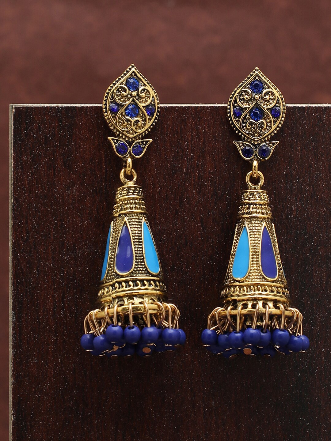 

SOHI Women Gold-Toned & Blue Classic Jhumkas Earrings