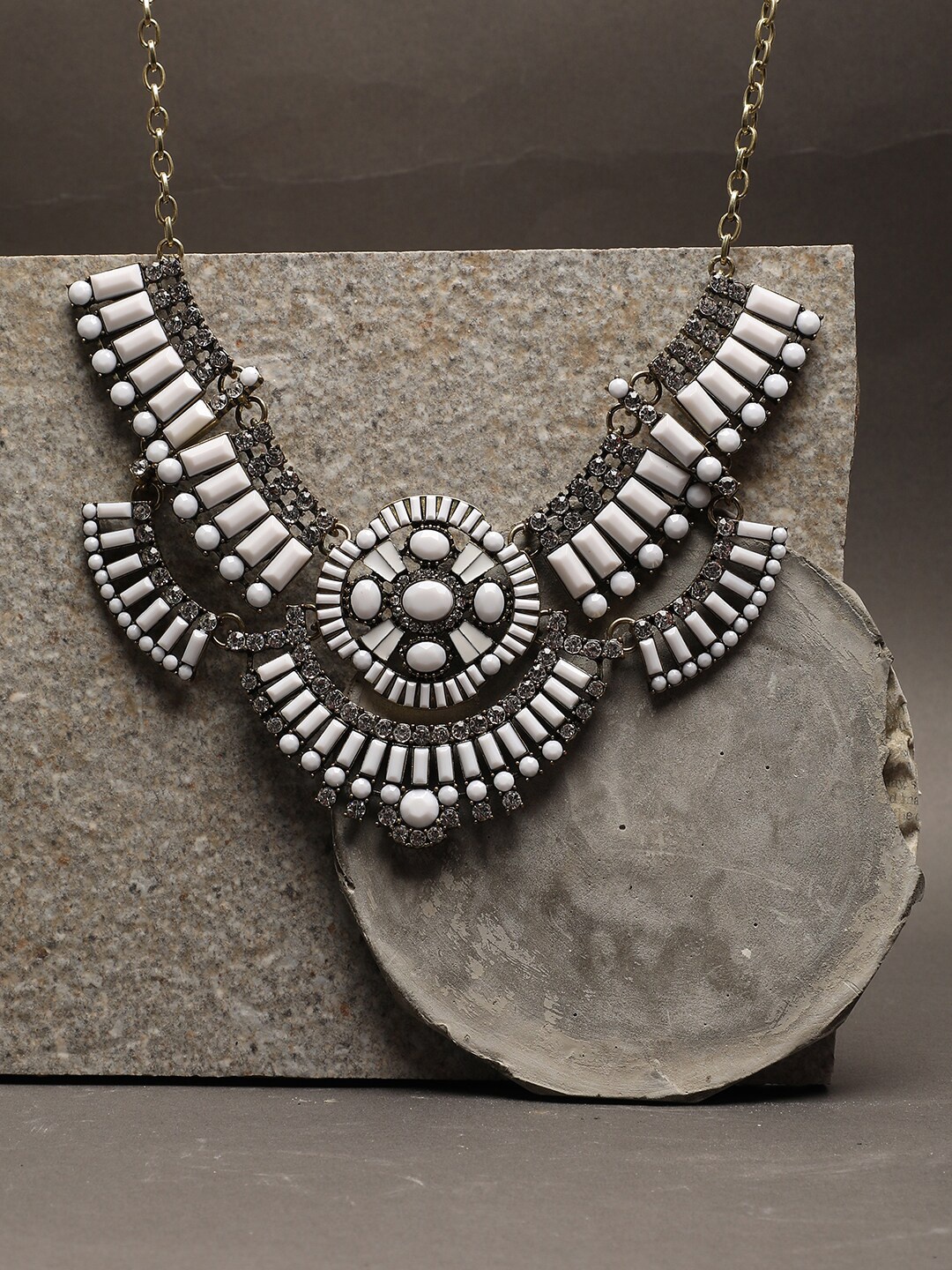 

SOHI Silver-Toned & White Silver-Plated Oxidised Necklace