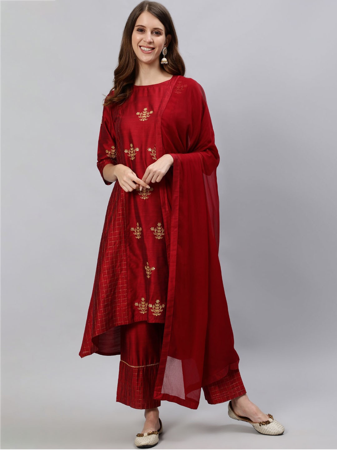 

Jaipur Kurti Women Maroon Ethnic Motifs Printed Layered Kurta with Palazzos & With Dupatta