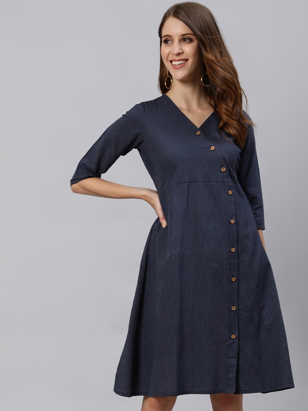 

Jaipur Kurti Navy Blue Striped A-Line Dress