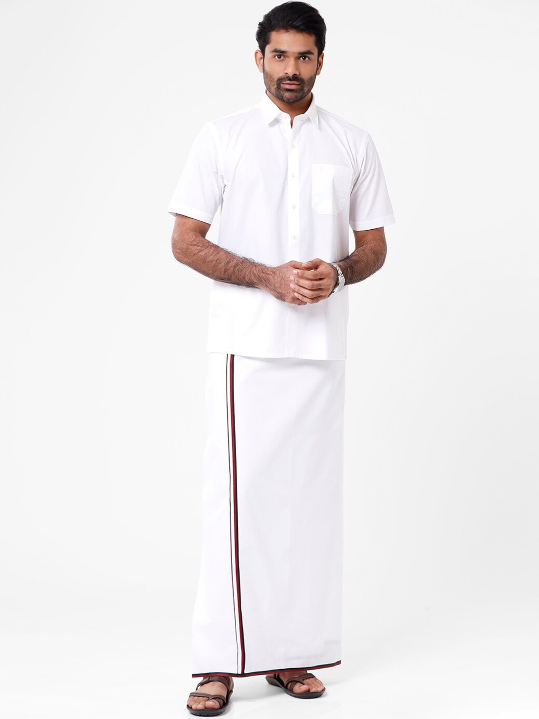 

Ramraj Men Pure Cotton Single layer White Dhoti with Black & Red border