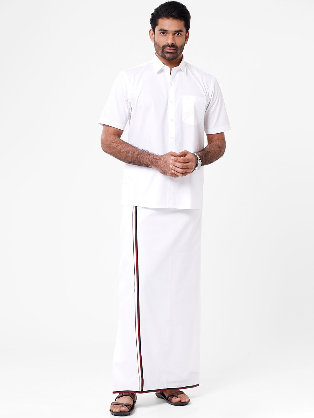 

Ramraj Men Pure Cotton Single layer White Political Dhoti with DMK border