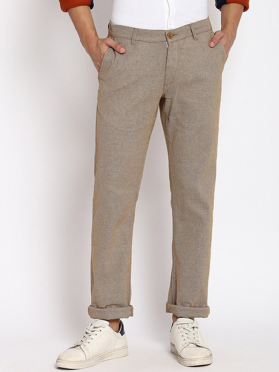

abof Men Beige Textured Regular Fit Casual Trousers