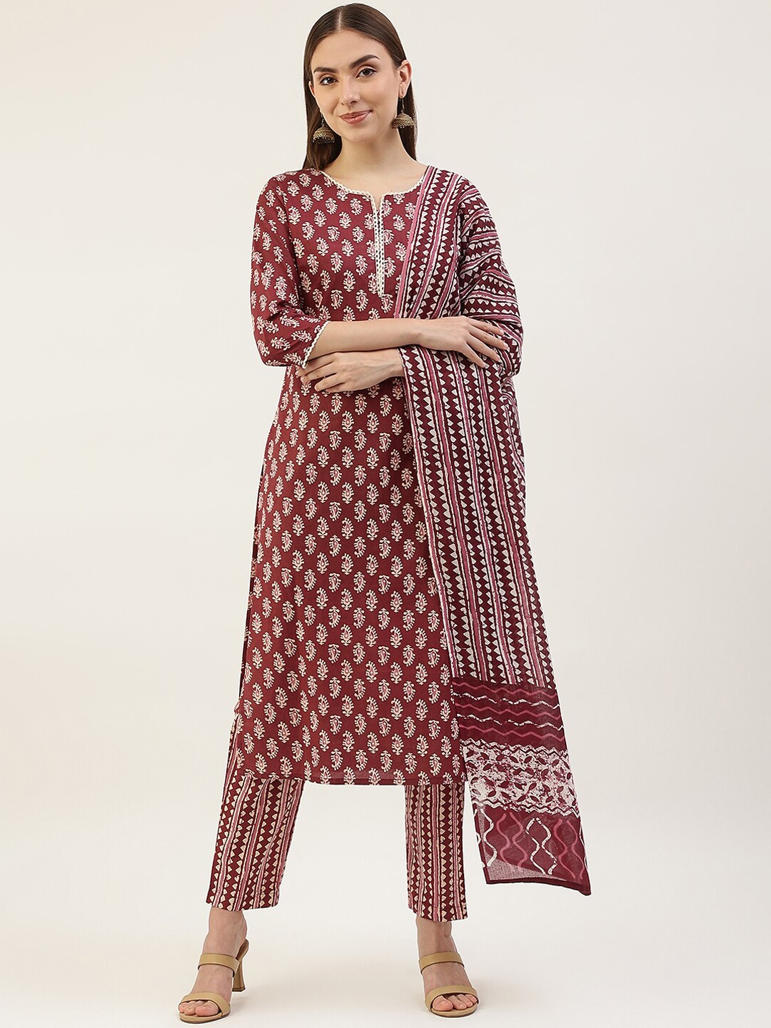 

FIORRA Women Maroon Ethnic Motifs Printed Pure Cotton Kurta with Trousers & With Dupatta