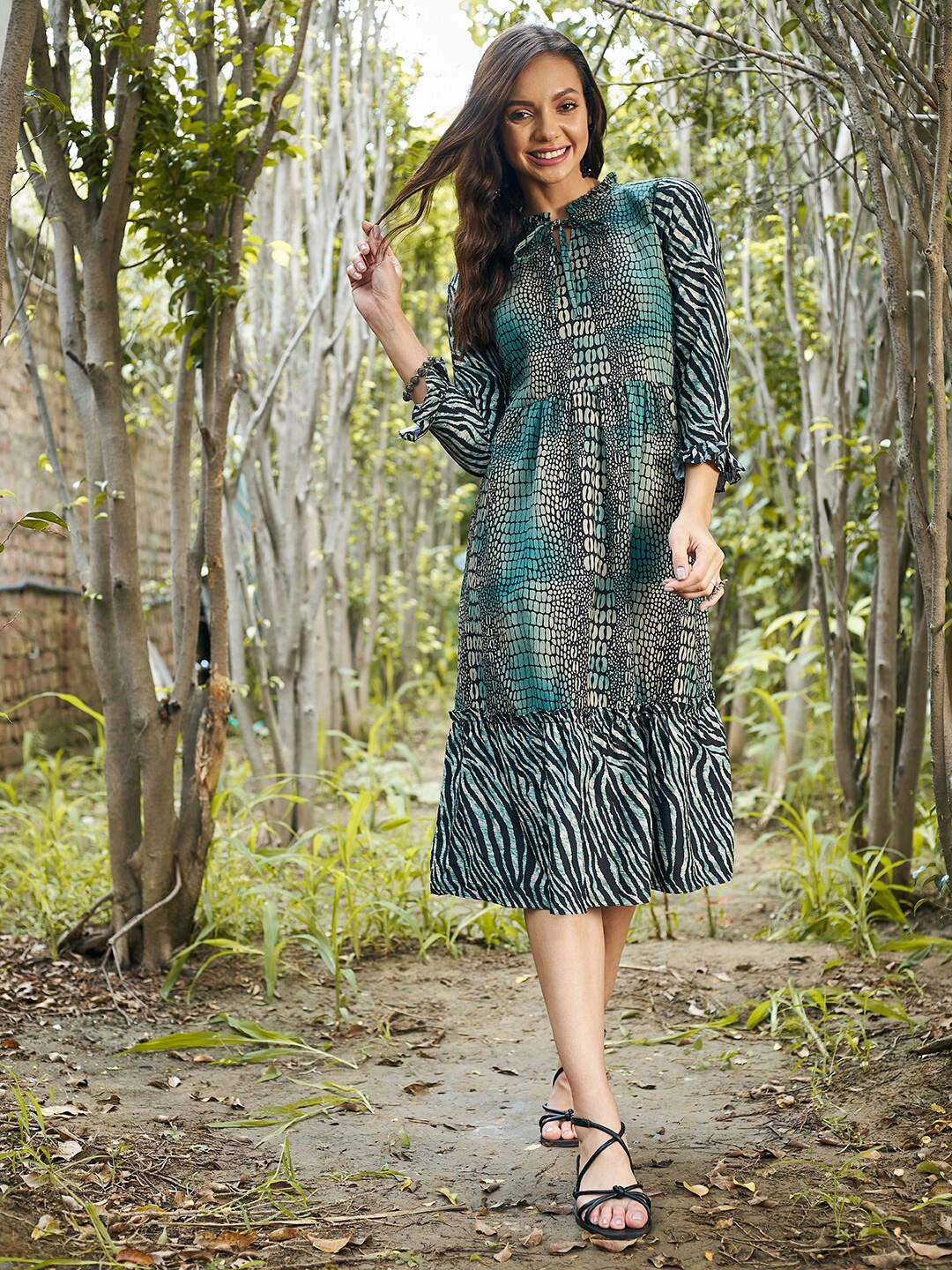 

Athena Green Animal Tie-Up Neck Dress