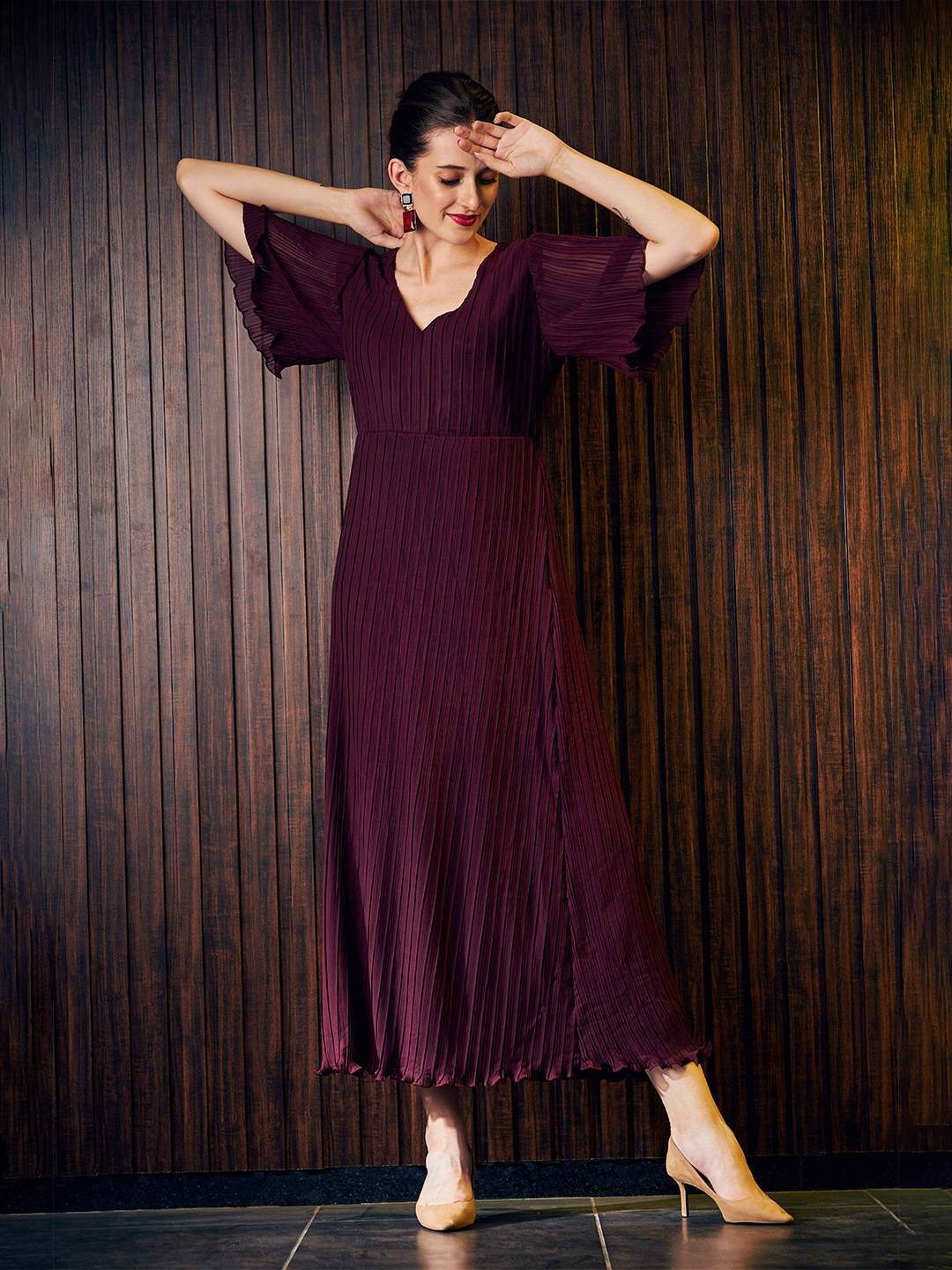 

Athena Burgundy Accordion Pleated Maxi Dress