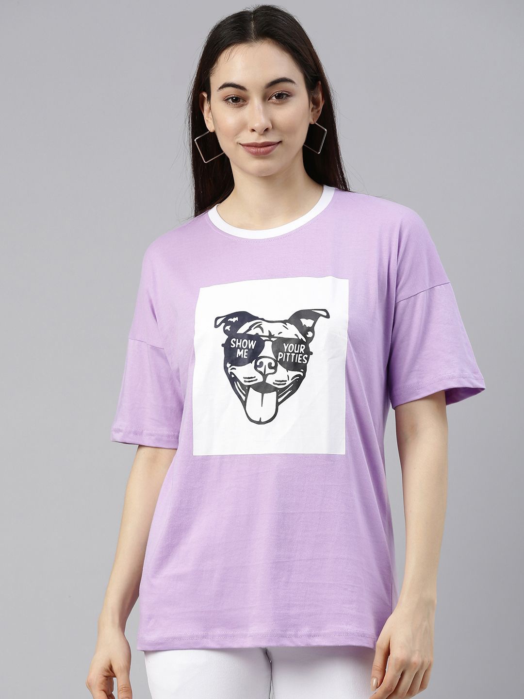 

JUNEBERRY Women Purple Printed Drop-Shoulder Sleeves Oversized Tshirt