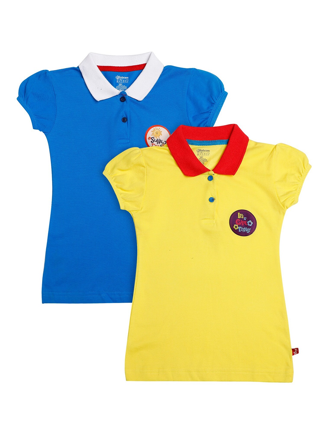 

Bodycare Kids Girls Pack Of 2 Yellow & Blue Polo Collar Puff Sleeves T-shirt
