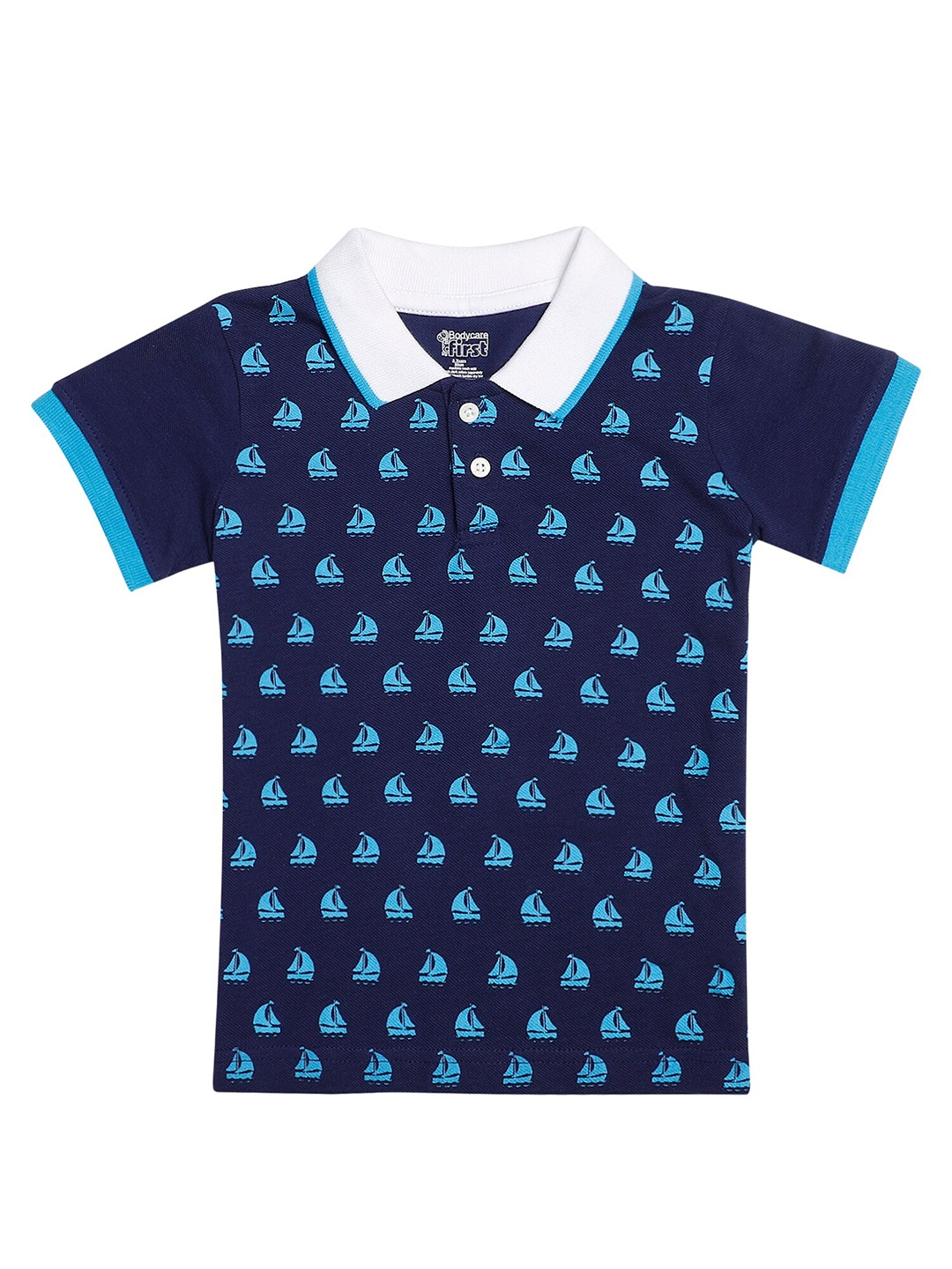 

Bodycare Kids Boys Navy Blue & White Printed Cotton Polo Collar T-shirt