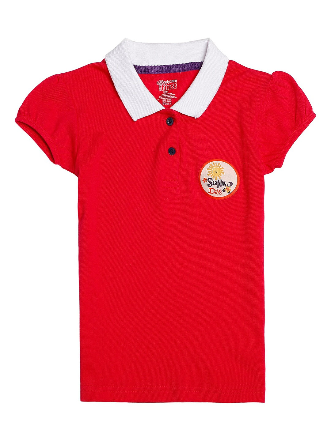 

Bodycare Kids Girls Red & White Puff Sleeves Applique Cotton Polo Collar T-shirt