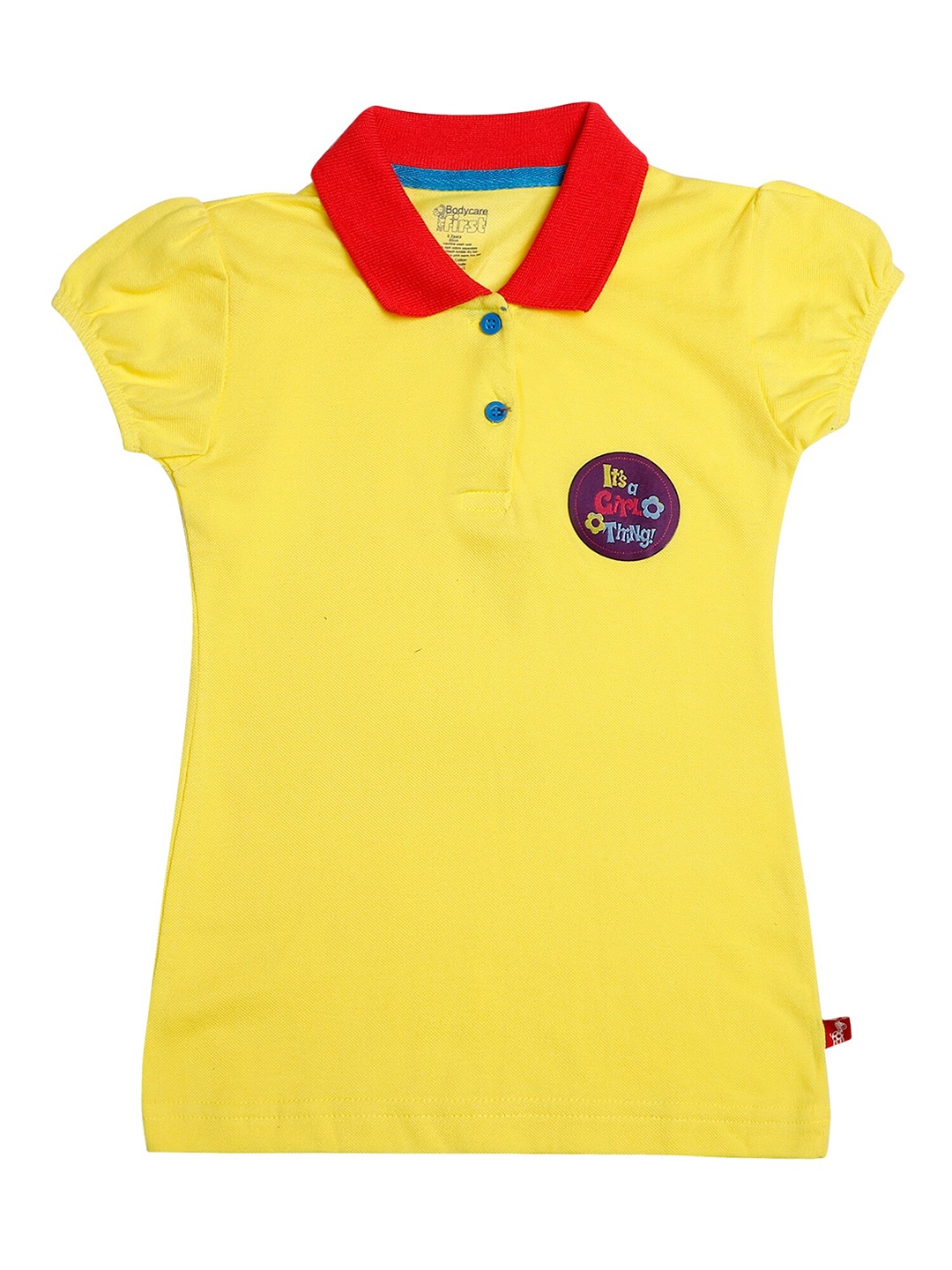 

Bodycare Kids Girls Yellow & Red Puff Sleeves Applique Cotton Polo Collar T-shirt