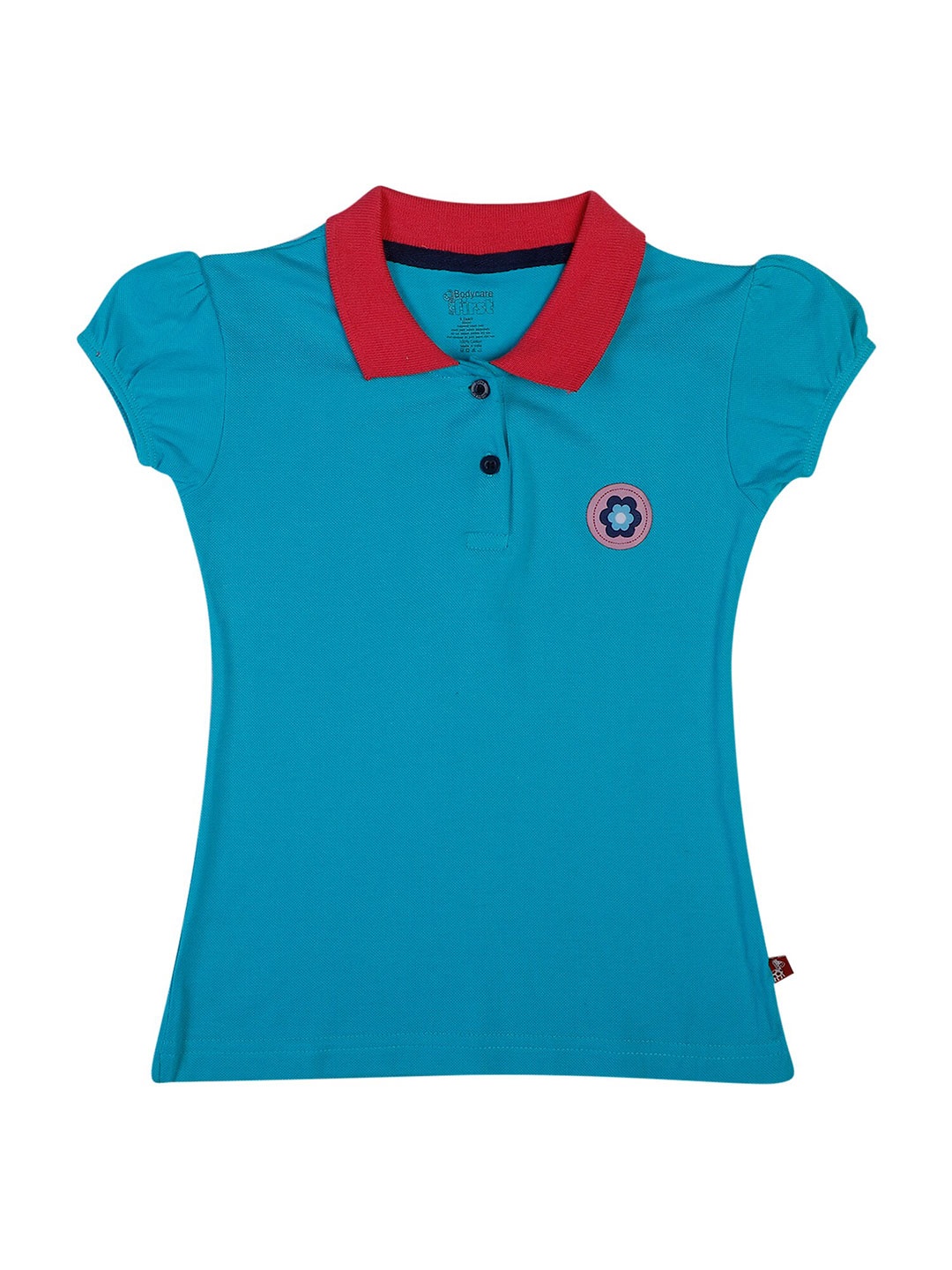 

Bodycare Kids Girls Blue Polo Collar Puff Sleeves Applique T-shirt