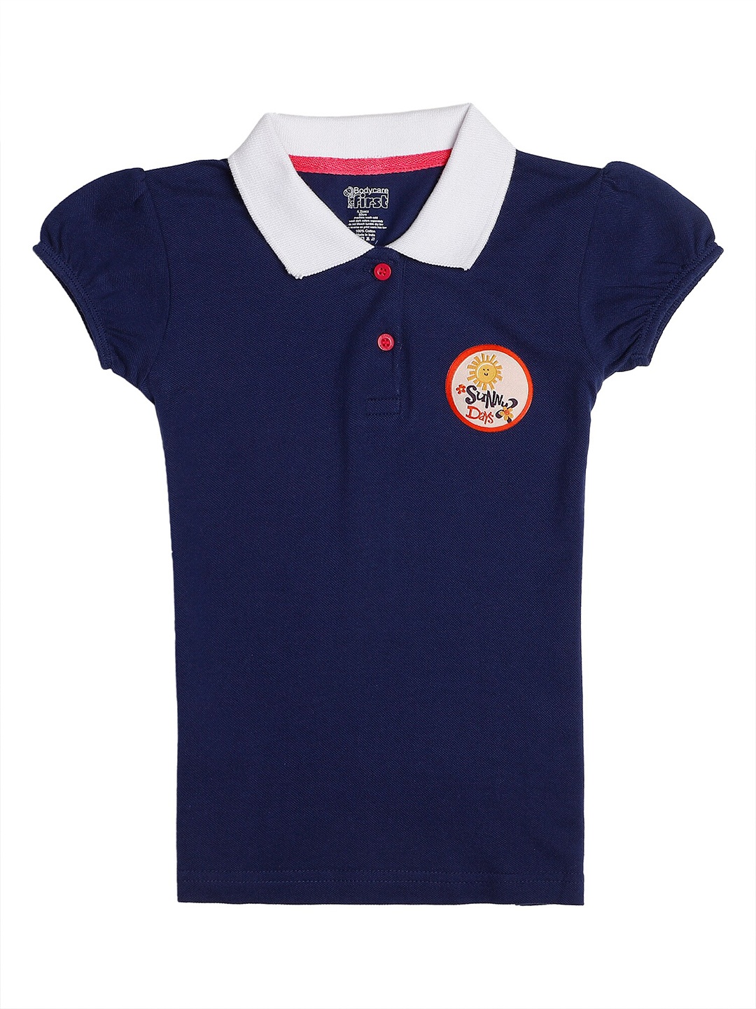 

Bodycare Kids Girls Navy Blue & White Polo Collar Puff Sleeves Cotton T-shirt